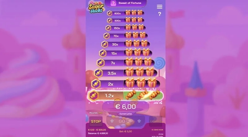 Sugar Stacks - vinnande steg med belysning av nuvarande våning och multiplikatorräknare